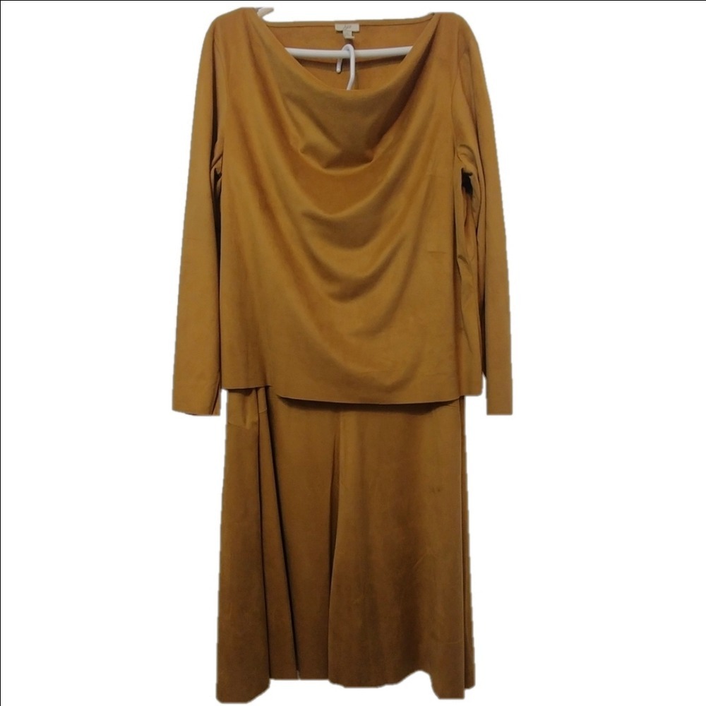 J. Jill Skirt Set Women XL Mustard Tan Faux Suede Cowl Neck Long Sleeve Midi